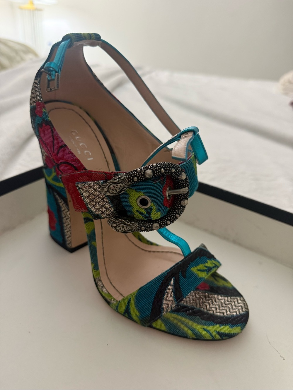 Gucci Teal Floral Embroidered Block Heel Sandal with Decorative Buckle